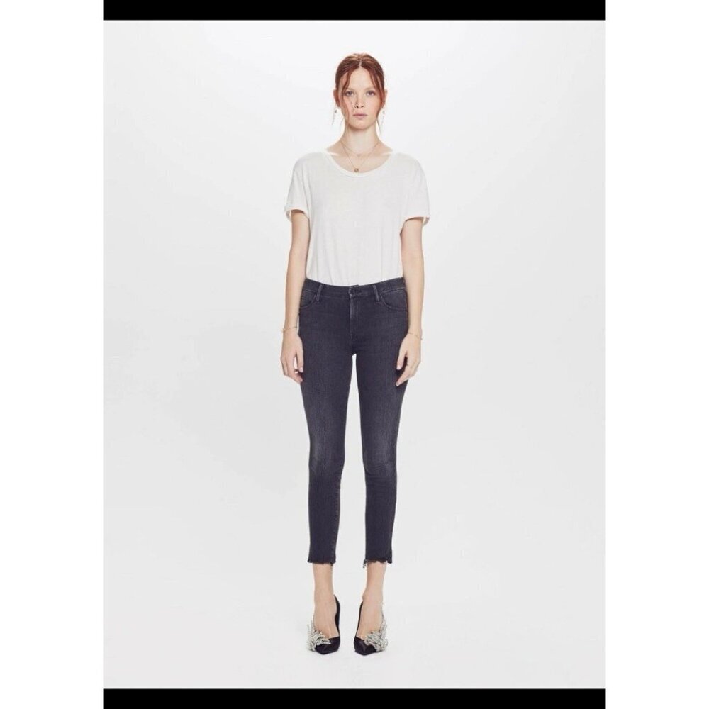 Mother Looker Sacred Slit Ankle Jeans Dear Mr. Black Skinny 26 Fray Hem Raw